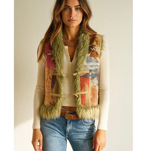 Vintage Y2K Boho Weave Floral Patchwork Faux Suede Vest With Faux Fur Lining - Picture 1 of 9